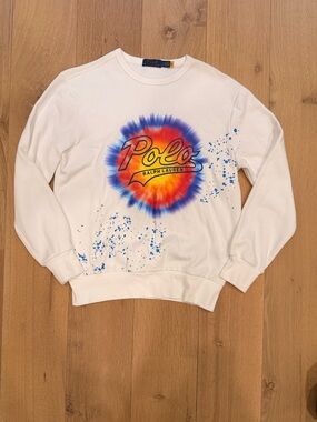 Polo Ralph Lauren Tie Dye Logo Sweatshirt White Crewneck Size Small